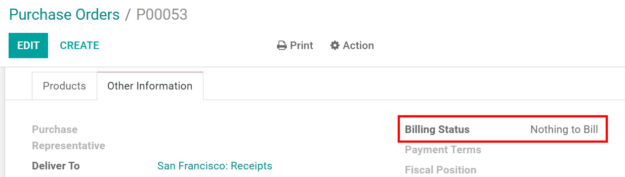 Statut de facturation du bon de commande dans Odoo Achats