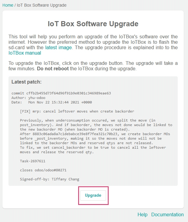Mise à niveau du logiciel de l'IoT Box sur la page d'accueil de l'IoT Box.