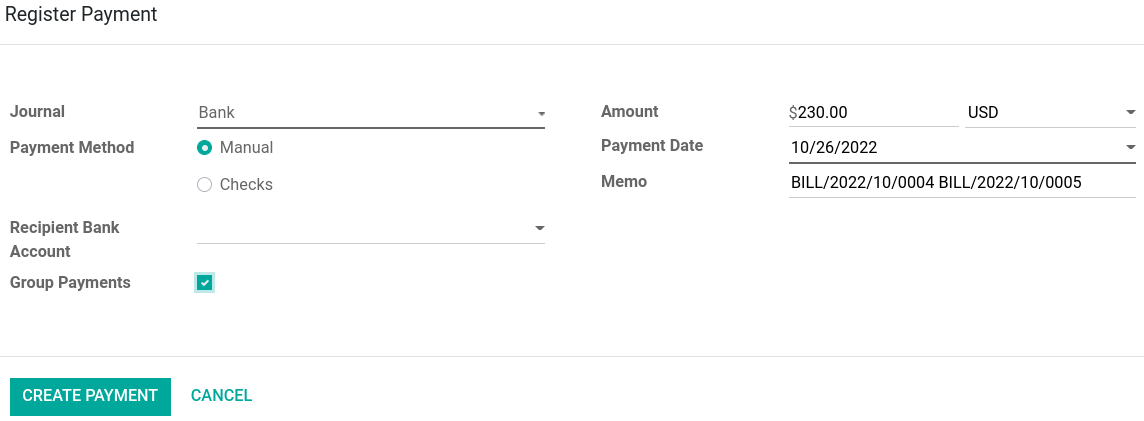 L'option permettant de regrouper les paiements lors de l'enregistrement d'un paiement.