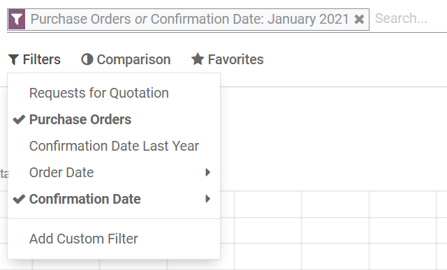Filtros de reporte en Compras de Odoo