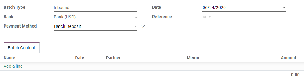 Remplissez un nouveau formulaire de paiement par lot entrant dans Odoo Comptabilité