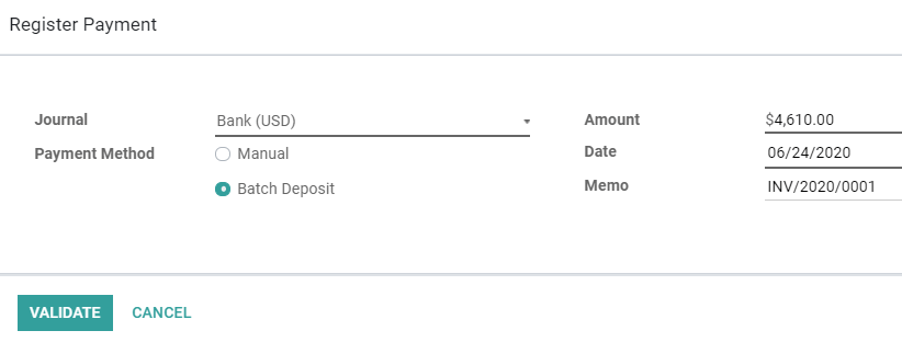 Enregistrez un paiement d'un client dans le cadre d'un dépôt par lot dans Odoo Comptabilité