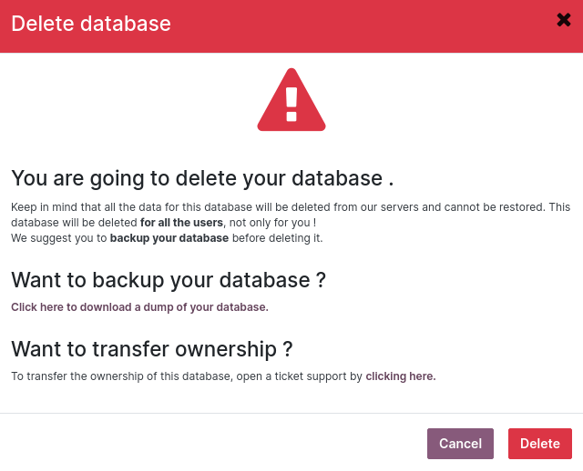 El mensaje de advertencia que aparece antes de eliminar una base de datos.