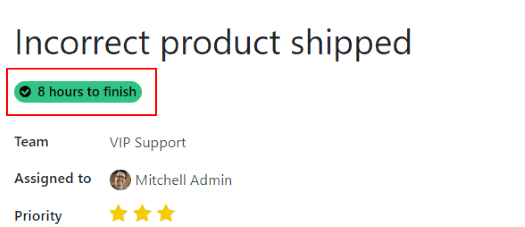 Vista de un formulario de ticket que muestra un SLA cumplido en la aplicación Soporte al cliente de Odoo.