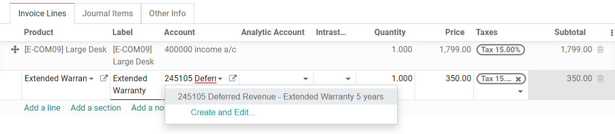 Sélection d'un compte de produits constatés d'avance sur une facture brouillon dans Odoo Comptabilité