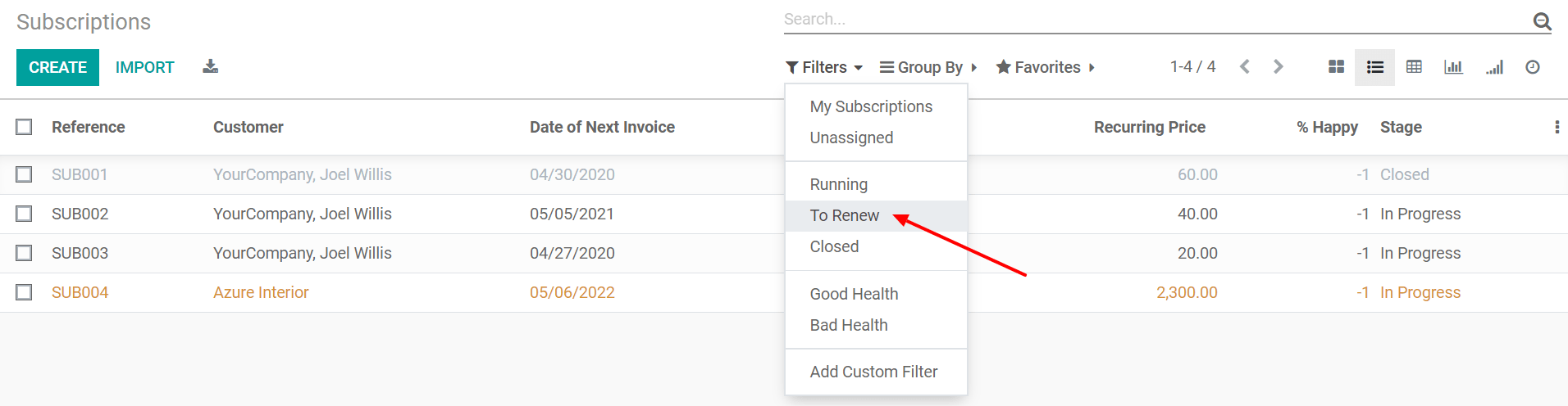 Vue de liste de tous les abonnements et utilisation du filtre pour renouveler dans Odoo Abonnements