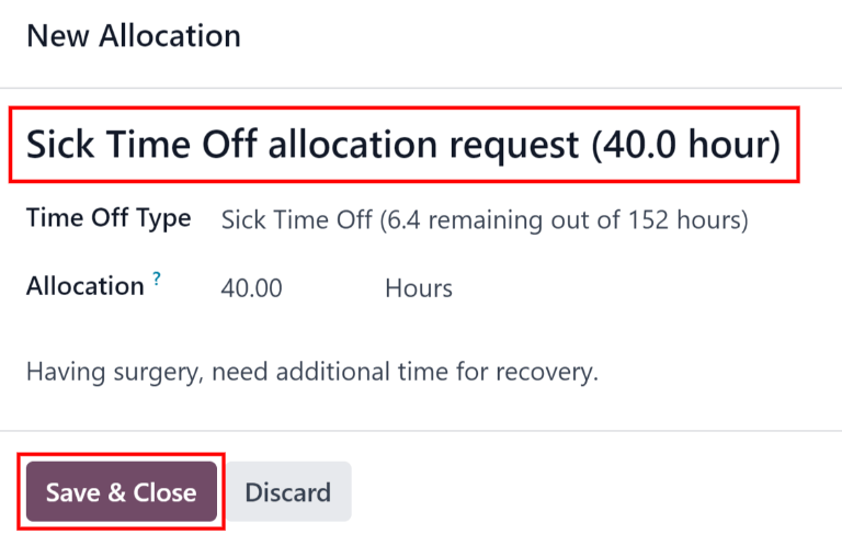 An allocation request form filled out for an employee requesting an additional week of sick time.