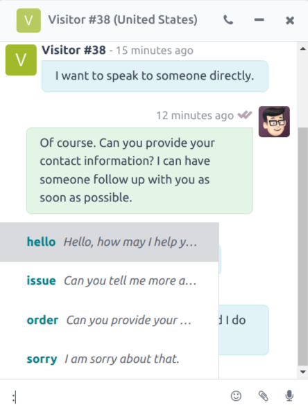 View of a chat window and the list of available canned responses.
