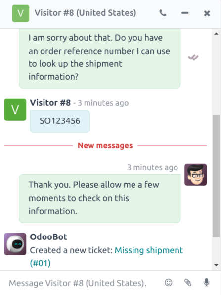 View of the chat window with a helpdesk ticket created in Odoo Live Chat.