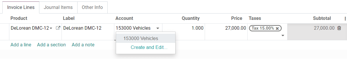 Auswahl des Aktivkontos auf einem Rechnungsentwurf in Odoo Buchhaltung