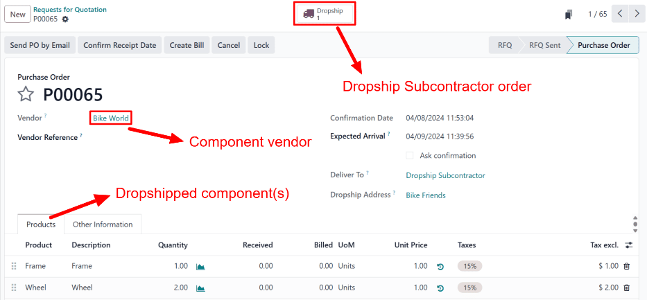 A vendor PO for the components of a *Dropship Subcontractor on Order* product, with a Dropship smart button at the top of the page.