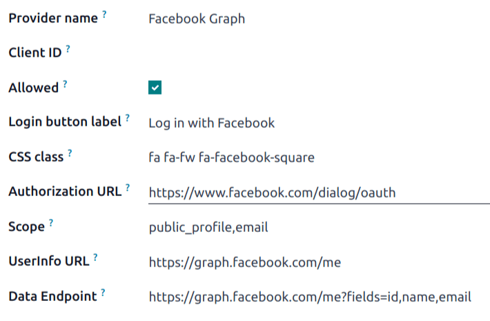 El registro del gráfico de Facebook en Odoo.