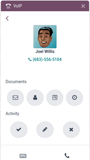 Centro de control de actividades en el widget VoIP.