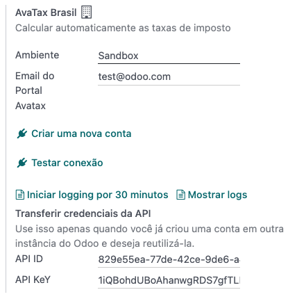 Configuração da conta do AvaTax.