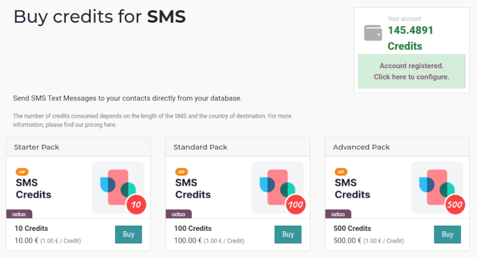SMS-tjänstens sida på IAP.Odoo.com med fyra paket av krediter tillgängliga för köp.