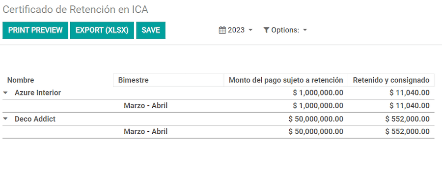 ICA Withholding Certificate-rapport i Odoo Accounting.