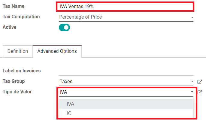 Fälten ICA, IVA och Fuente på fliken Avancerade alternativ i Odoo.