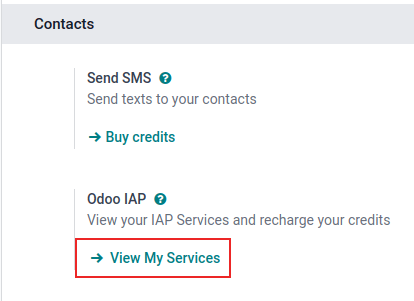 Appen Inställningar visar Odoo IAP-rubriken och knappen Visa mina tjänster.
