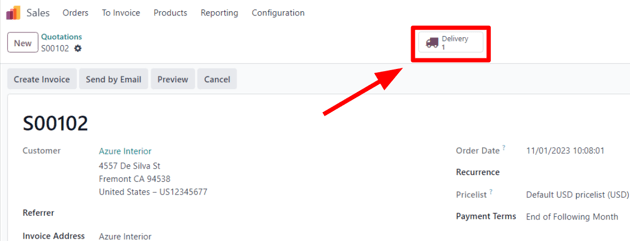 A typical sales order with a highlighted delivery smart button in Odoo Sales.