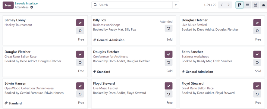 La página de asistentes del módulo de registro en la aplicación Eventos de Odoo.