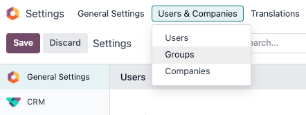 Menú de los grupos en la sección Usuarios y empresas de los Ajustes de Odoo.