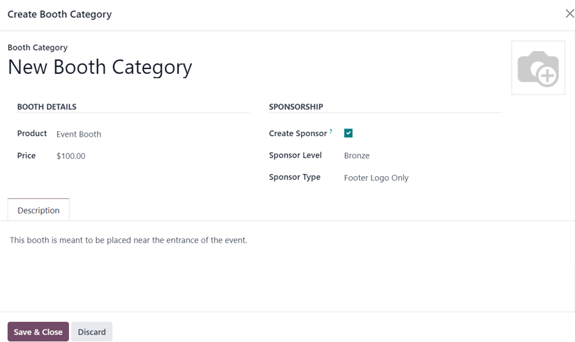 La ventana emergente para crear una categoría de estand en la aplicación Eventos de Odoo.