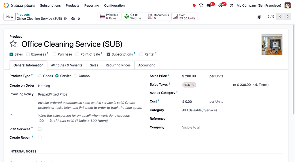 Un formulaire de produit d'abonnement de base dans l'application Odoo Abonnements.