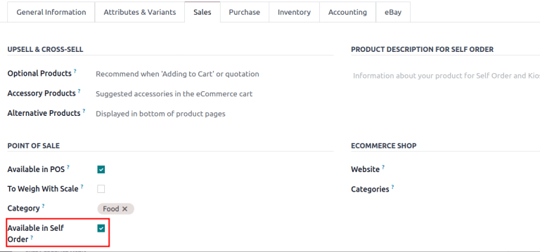 In the Sales tab of a product form, showing *Available in Self Order* setting.