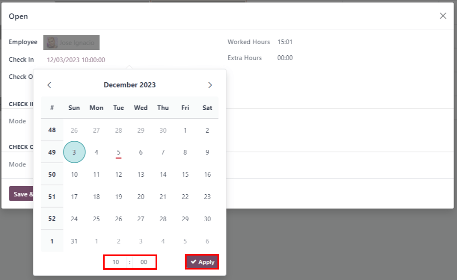 O pop-up que permite modificações em um registro de presença com erro. O seletor de calendário é mostrado e o seletor de horário é destacado.